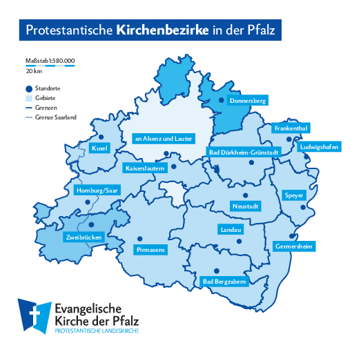 Die Kirchenbezirke der Evangelischen Kirche der Pfalz (Protestantische Landeskirche).