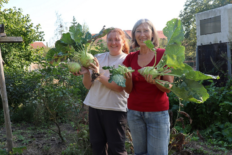 Ohne freiwillige Helfer läuft nichts: Paula Jacob und Anne Korter ernten die letzten Kohlrabis. Foto: lk/Riesterer