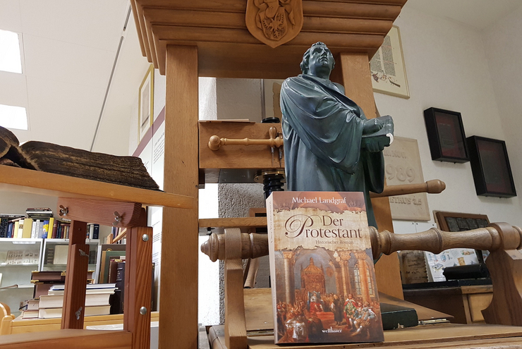 Martin Luther mit der Buchpresse. Foto: lk/Landgraf.