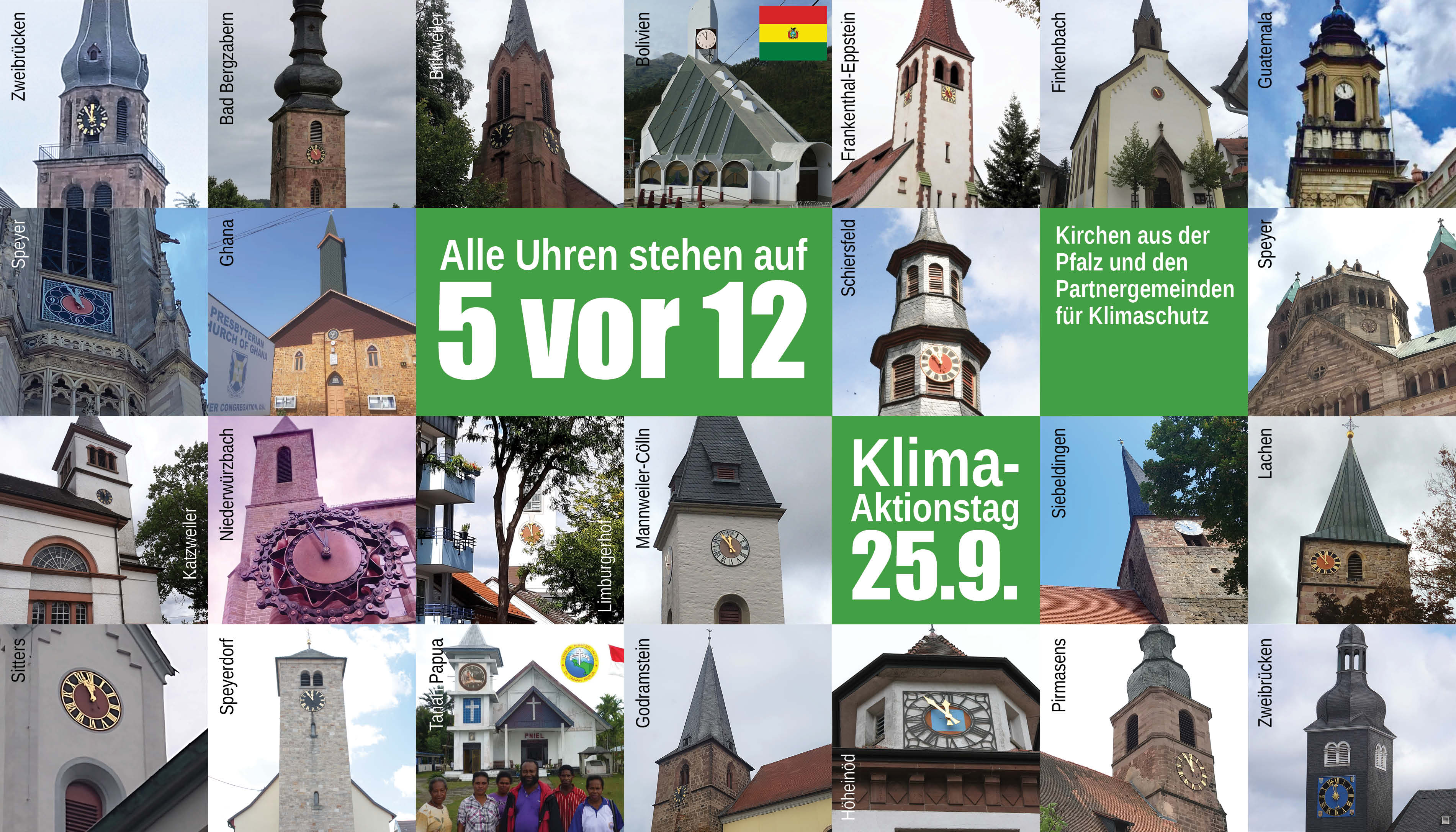Die Uhr steht auf "5 vor 12": Mit ihren Turmuhren wollen Kirchengemeinden aus Pfalz und Saarpfalz sowie Partnergemeinden Zeichen setzen.