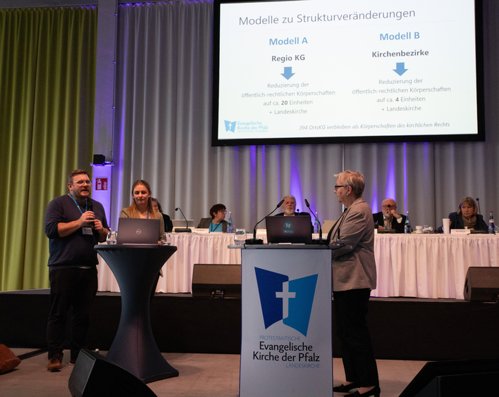 Kirchenpräsidentin Dorothee Wüst, Carolin Beez und Timo Schmidt stellen Zukunftsszenarien im Prio-Prozess vor.