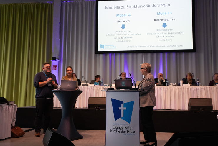 Kirchenpräsidentin Dorothee Wüst, Carolin Beez und Timo Schmidt stellen Zukunftsszenarien im Prio-Prozess vor.